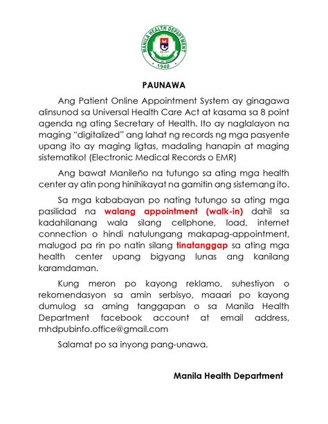 www.manila health department online appointment|Paunawa para sa lahat, mula sa .